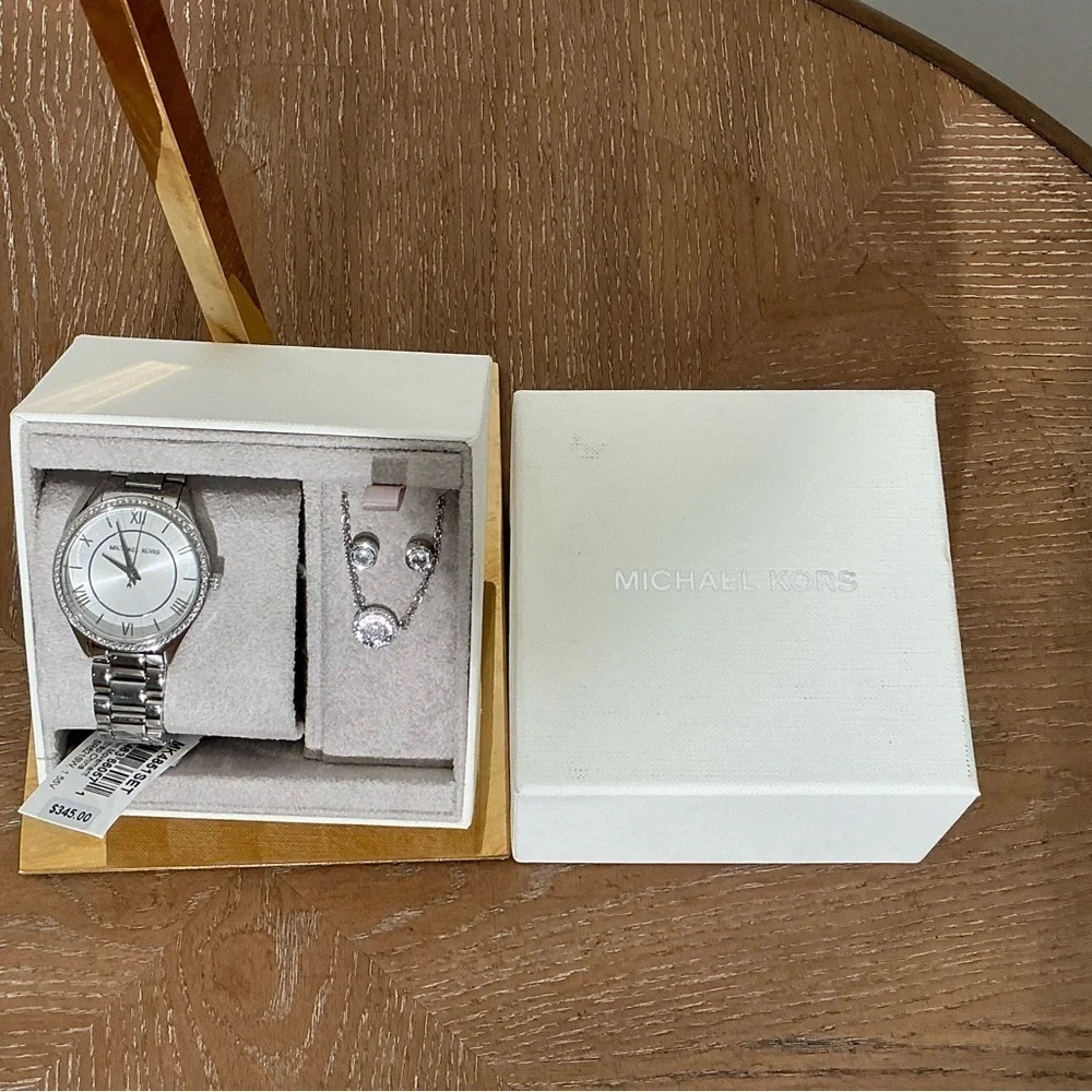 Michael Kors Women's Lauryn Three-Hand Stainless Steel Watch, Earrings and Neckl